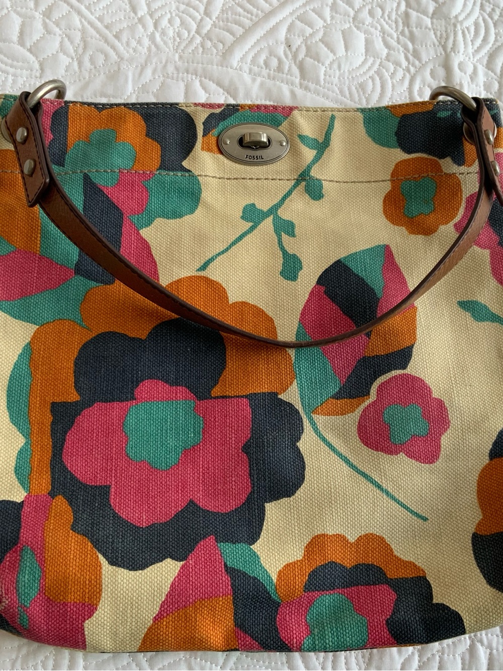 Fossil Canvas Shoulder Bag in Cream with Pink, Teal & Orange Floral Print